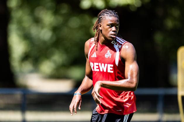 COLOGNE, GERMANY - JULY 16: Elias Bakatukanda (1. FC Koeln) training individually with Leif Frach (Athletics Coach 1. FC Koeln) during a training session of season 2026 27 at Geissbockheim on July 16, 2026 in Cologne, Germany. North Rhine Westphalia Germany Copyright: xSteffiexWunderlx