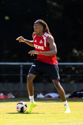 COLOGNE, GERMANY - JULY 16: Elias Bakatukanda (1. FC Koeln) training individually with Leif Frach (Athletics Coach 1. FC Koeln) during a training session of season 2026 27 at Geissbockheim on July 16, 2026 in Cologne, Germany. North Rhine Westphalia Germany Copyright: xSteffiexWunderlx