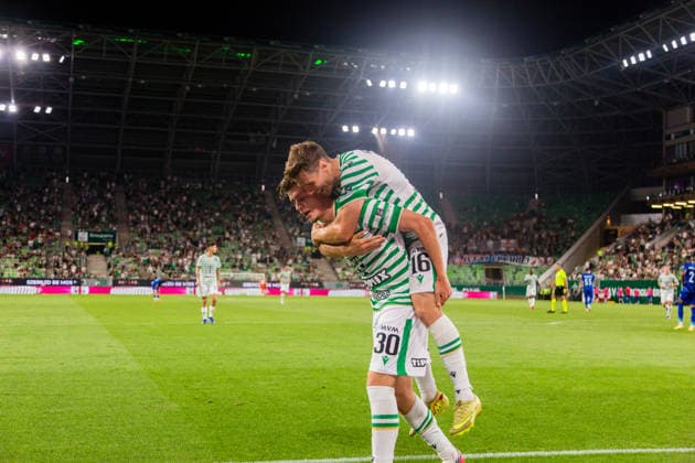 Ferencvaros v Vojvodina, UEFA Europa League qualification, Budapest, Hungary Budapest, Hungary. 16th, July 2026. Zsombor Gruber (30) of Ferencvaros scores for 3-0 and seen in celebration with Kristoffer Zachariassen (16) during the UEFA Europa League qualification match between Ferencvaros and Vojvodina at Groupama Arena in Budapest. Hungary, Budapest  Copyright: xGonzalesxPhoto BalazsxPopalx