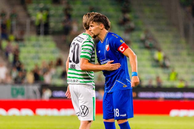 Ferencvaros v Vojvodina, UEFA Europa League qualification, Budapest, Hungary Budapest, Hungary. 16th, July 2026. Zsombor Gruber (30) of Ferencvaros seen with Njegos Petrovic (18) of Vojvodina during the UEFA Europa League qualification match between Ferencvaros and Vojvodina at Groupama Arena in Budapest. Hungary, Budapest  Copyright: xGonzalesxPhoto BalazsxPopalx
