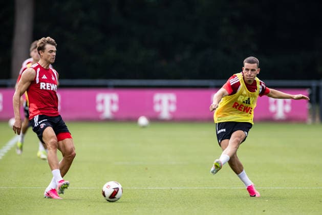 COLOGNE, GERMANY - JULY 17: Said El Mala (1. FC Koeln, 13) shoots the ball against Joel Schmied (1. FC Koeln, 2) during a training session of season 2026 27 at Geissbockheim on July 17, 2026 in Cologne, Germany. North Rhine Westphalia Germany Copyright: xSteffiexWunderlx