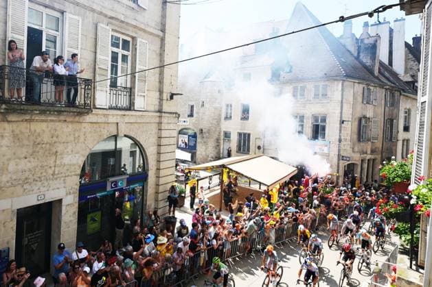 People watch from the balcony the start of stage 13 of the 2026 Tour de France cycling race, a stage of 205km from Dole to Belfort, on Friday 17 July 2026. The 113th edition of the Tour de France starts on Saturday 4 July in Barcelona, Spain, and will finish in Paris, France on the 26th of July. DAVIDxPINTENS  x181330138x