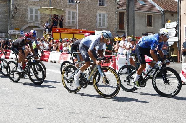 Belgian Quinten Hermans of Pinarello-Q36.5 Pro Cycling Team and Portuguese Nelson Oliveira of Movistar Team pictured in action during stage 13 of the 2026 Tour de France cycling race, a stage of 205km from Dole to Belfort, on Friday 17 July 2026. The 113th edition of the Tour de France starts on Saturday 4 July in Barcelona, Spain, and will finish in Paris, France on the 26th of July. POOLxLUCAxBETTINI  x181334842x