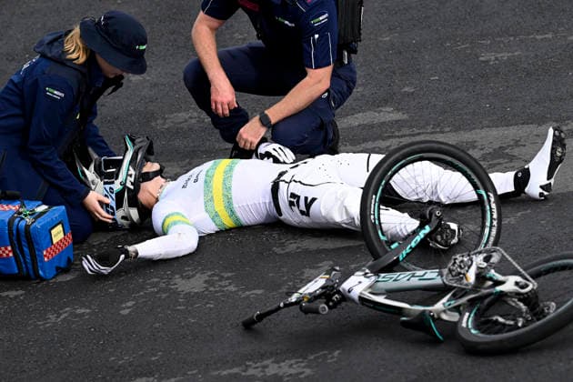 RECORD DATE NOT STATED 17th July 2026; Brisbane SX International BMX Centre, Brisbane, Queensland, Australia: 2026 UCI BMX Racing World Championships, Day One; J2 Izaac KENNEDY (Men Elite) AUS lies injured during the mens elite riders practice on day 1 NigelxOwen