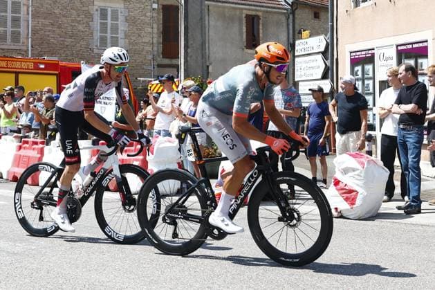 Belgian Tim Wellens of UAE Team Emirates XRG and French Kevin Vauquelin of Netcompany-INEOS pictured in action during stage 13 of the 2026 Tour de France cycling race, a stage of 205km from Dole to Belfort, on Friday 17 July 2026. The 113th edition of the Tour de France starts on Saturday 4 July in Barcelona, Spain, and will finish in Paris, France on the 26th of July. POOLxLUCAxBETTINI  x181334890x