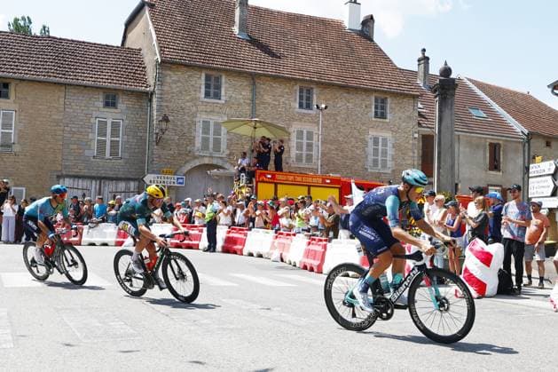Danish Mads Pedersen of Lidl-Trek and Belgian Vlad Van Mechelen of Bahrain Victorious pictured in action during stage 13 of the 2026 Tour de France cycling race, a stage of 205km from Dole to Belfort, on Friday 17 July 2026. The 113th edition of the Tour de France starts on Saturday 4 July in Barcelona, Spain, and will finish in Paris, France on the 26th of July. POOLxLUCAxBETTINI  x181335166x