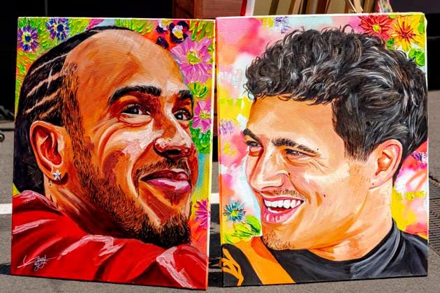 SPA - Formula 1 driver Lewis Hamilton of Scuderia Ferrari HP and Formula 1 driver Lando Norris of McLaren Mastercard Formula 1 Team in a painting during the Formula 1 Belgium at Spa Francorchamps on July 17, 2026 in Spa, Belgium. (Photo by DeFodi Images) - *** SPA Formula 1 driver Lewis Hamilton of Scuderia Ferrari HP and Formula 1 driver Lando Norris of the McLaren Mastercard Formula 1 Team in a painting during the Formula 1 Belgian Grand Prix at Spa-Francorchamps on July 17, 2026, in Spa, Belgium. Photo by DeFodi Images