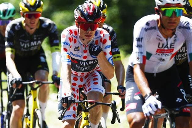 Danish Jonas Vingegaard of Team Visma-Lease a Bike wearing the red polka-dot jersey for best climber pictured in action during stage 13 of the 2026 Tour de France cycling race, a stage of 205km from Dole to Belfort, on Friday 17 July 2026. The 113th edition of the Tour de France starts on Saturday 4 July in Barcelona, Spain, and will finish in Paris, France on the 26th of July. POOLxLUCAxBETTINI  x181335339x