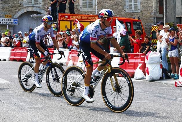 Australian Jai Hindley of Red Bull-BORA-hansgrohe and Belgian Remco Evenepoel of Red Bull-BORA-hansgrohe pictured in action during stage 13 of the 2026 Tour de France cycling race, a stage of 205km from Dole to Belfort, on Friday 17 July 2026. The 113th edition of the Tour de France starts on Saturday 4 July in Barcelona, Spain, and will finish in Paris, France on the 26th of July. POOLxLUCAxBETTINI  x181336516x