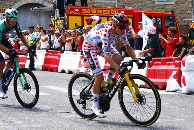 Danish Jonas Vingegaard of Team Visma-Lease a Bike wearing the red polka-dot jersey for best climber pictured in action during stage 13 of the 2026 Tour de France cycling race, a stage of 205km from Dole to Belfort, on Friday 17 July 2026. The 113th edition of the Tour de France starts on Saturday 4 July in Barcelona, Spain, and will finish in Paris, France on the 26th of July. POOLxLUCAxBETTINI  x181339457x