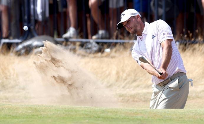 154th Open Golf Championships - Round 2 Nicolai Hojgaard of Denmark plays a shot from the bunker on the 18th hole during Round 2 of the British Open Golf Championships at Royal Birkdale in Southport, Britain, 17 July 2026. SOUTHPORT UNITED KINGDOM  Copyright: xADAMxVAUGHANx