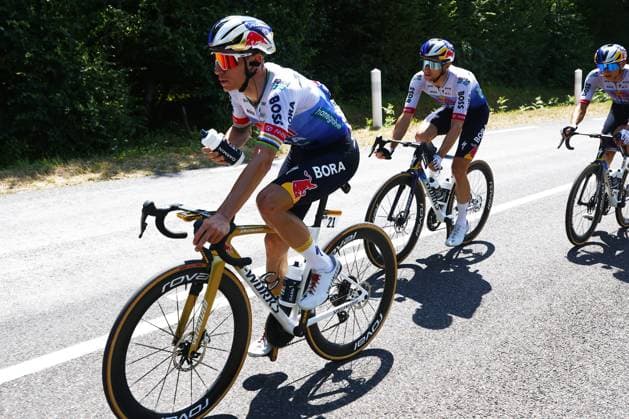 Belgian Remco Evenepoel of Red Bull-BORA-hansgrohe pictured in action during stage 13 of the 2026 Tour de France cycling race, a stage of 205km from Dole to Belfort, on Friday 17 July 2026. The 113th edition of the Tour de France starts on Saturday 4 July in Barcelona, Spain, and will finish in Paris, France on the 26th of July. POOLxLUCAxBETTINI  x181340763x