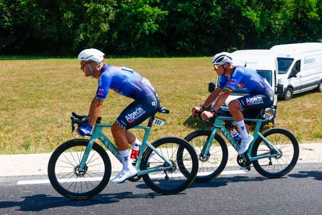 Tour de France 2026 Stage 13 BELFORT, FRANCE - JULY 17 : Rickaert Jonas (BEL) of Alpecin - Premier Tech, Van Der Poel Mathieu (NED) of Alpecin - Premier Tech in action during stage 13 of the 113rd edition of Tour de France an UCI World Tour 2.UWT cycling road race stage for Men Elite of 205 km with start in Dole and finish in Belfort on July 17, 2026 in Belfort, France, 17 07 2026 Belfort France  Copyright: xLucaxBettinix