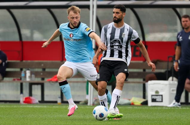 2026-07-17 Feyenoord v Sporting Charleroi - Pre Season Friendly ROTTERDAM, NETHERLANDS - JULY 17: Aiham Ousou of Sporting Charleroi is challenged by Casper Tengstedt of Feyenoord during the Pre Season Friendly match between Feyenoord and Sporting Charleroi at Sportcomplex Varkenoord on July 17, 2026 in Rotterdam, Netherlands. Rotterdam Sportcomplex Varkenoord Netherlands Content not available for redistribution in The Netherlands directly or indirectly through any third parties. Copyright: xHansxvanxderxValkx