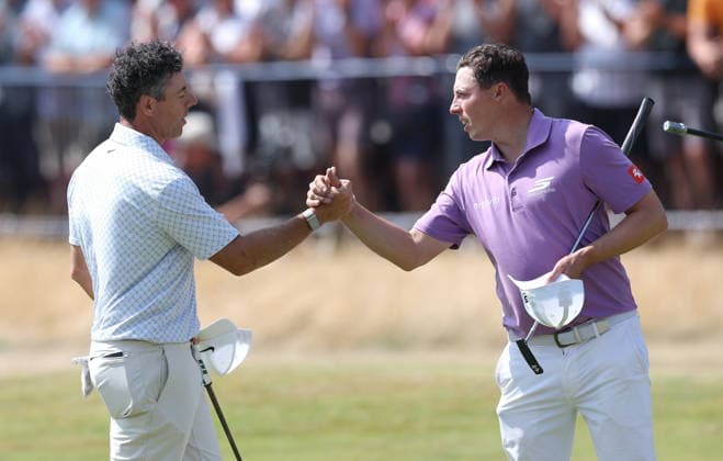 154th Open Golf Championships - Round 2 Rory McIlroy (L) of Northern Ireland and Matt Fitzpatrick of England shake hands on the 18th hole at the end of their Round 2 of the British Open Golf Championships at Royal Birkdale in Southport, Britain, 17 July 2026. SOUTHPORT UNITED KINGDOM  Copyright: xADAMxVAUGHANx