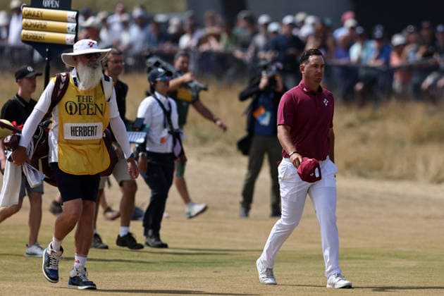 RECORD DATE NOT STATED 17th July 2026; Royal Birkdale Golf Club, Southport, Merseyside, England; The Open Championship Day Two;Lucas Herbert (AUS) and his caddie Nick Pugh on the 18th fairway as he completes his round of 62 DavidxBlunsden