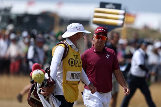 RECORD DATE NOT STATED 17th July 2026; Royal Birkdale Golf Club, Southport, Merseyside, England; The Open Championship Day Two : Lucas Herbert (AUS) and his caddie Nick Pugh on the 18th fairway as he completes his round of 62 DavidxBlunsden