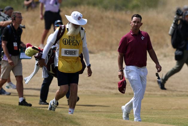 RECORD DATE NOT STATED 17th July 2026; Royal Birkdale Golf Club, Southport, Merseyside, England; The Open Championship Day Two; Lucas Herbert (AUS) and his caddie Nick Pugh on the 18th fairway as he completes his round of 62 DavidxBlunsden
