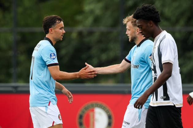 2026-07-17 Feyenoord v Sporting Charleroi - Pre Season Friendly ROTTERDAM, NETHERLANDS - JULY 17: Mats Deijl of Feyenoord, Casper Tengstedt of Feyenoord celebrates after scoring the second goal of the team during the Pre Season Friendly match between Feyenoord and Sporting Charleroi at Sportcomplex Varkenoord on July 17, 2026 in Rotterdam, Netherlands. Rotterdam Sportcomplex Varkenoord Netherlands Content not available for redistribution in The Netherlands directly or indirectly through any third parties. Copyright: xHansxvanxderxValkx
