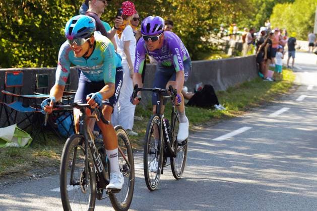 Colombian Harold Tejada of XDS Astana Team and Swiss Mauro Schmid of Team Jayco AlUla pictured in action during stage 13 of the 2026 Tour de France cycling race, a stage of 205km from Dole to Belfort, on Friday 17 July 2026. The 113th edition of the Tour de France starts on Saturday 4 July in Barcelona, Spain, and will finish in Paris, France on the 26th of July. POOLxLUCAxBETTINI  x181349731x