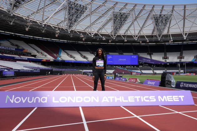 Track and Field: London Athletics Meet Gabby Thomas aka Gabrielle Thomas (USA) poses during London Athletics Meet press conference, PK, Pressekonferenz at London Stadium, Friday, July 17, 2026, in London, United Kingdom. London England United Kingdom EDITORIAL USE ONLY Copyright: xImagexofxSportx ImagexofxSportx iosphotos414825