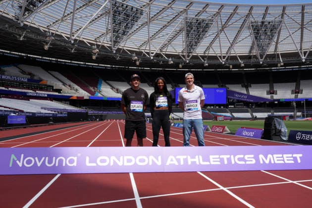 Track and Field: London Athletics Meet Mondo Duplantis aka Armand Duplantis (left), Gabby Thomas aka Gabrielle Thomas (center) and Karsten Warholm pose during London Athletics Meet press conference, PK, Pressekonferenz at London Stadium, Friday, July 17, 2026, in London, United Kingdom. London England United Kingdom EDITORIAL USE ONLY Copyright: xImagexofxSportx ImagexofxSportx iosphotos414805