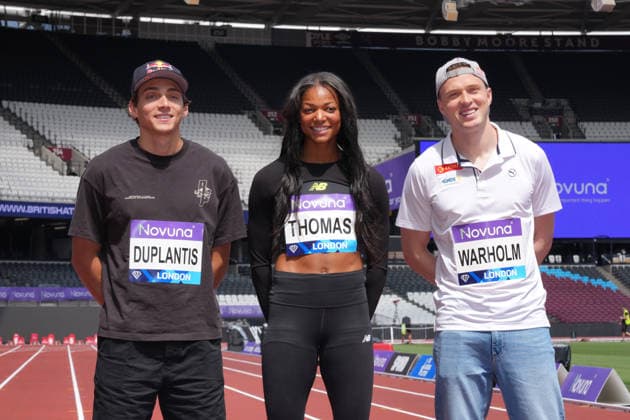 Track and Field: London Athletics Meet Mondo Duplantis aka Armand Duplantis (left), Gabby Thomas aka Gabrielle Thomas (center) and Karsten Warholm pose during London Athletics Meet press conference, PK, Pressekonferenz at London Stadium, Friday, July 17, 2026, in London, United Kingdom. London England United Kingdom EDITORIAL USE ONLY Copyright: xImagexofxSportx ImagexofxSportx iosphotos414807