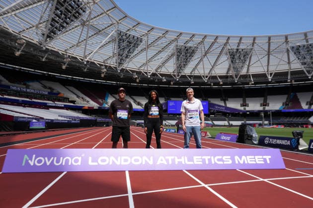 Track and Field: London Athletics Meet Mondo Duplantis aka Armand Duplantis (left), Gabby Thomas aka Gabrielle Thomas (center) and Karsten Warholm pose during London Athletics Meet press conference, PK, Pressekonferenz at London Stadium, Friday, July 17, 2026, in London, United Kingdom. London England United Kingdom EDITORIAL USE ONLY Copyright: xImagexofxSportx ImagexofxSportx iosphotos414809