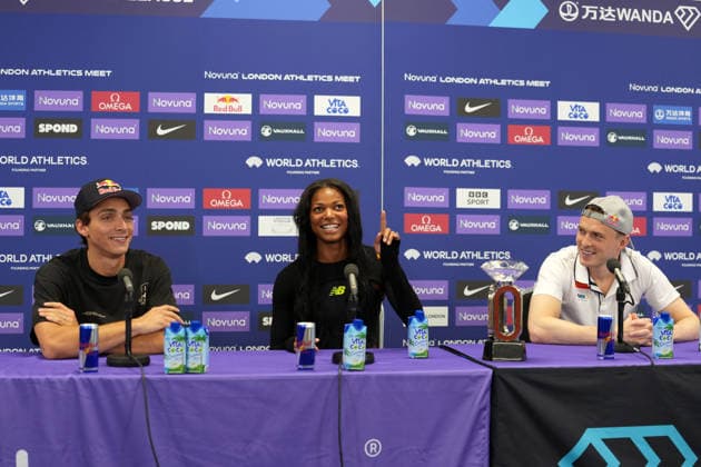Track and Field: London Athletics Meet Keely Hodgkinson (left), Josh Kerr (center) and Amy Hunt pose during London Athletics Meet press conference, PK, Pressekonferenz at London Stadium, Friday, July 17, 2026, in London, United Kingdom. London England United Kingdom EDITORIAL USE ONLY Copyright: xImagexofxSportx ImagexofxSportx iosphotos414812