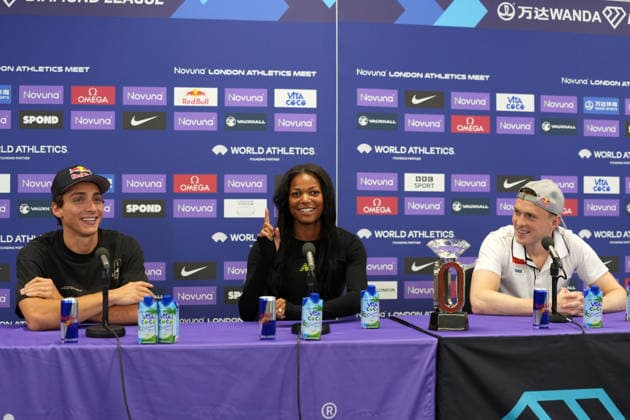 Track and Field: London Athletics Meet Keely Hodgkinson (left), Josh Kerr (center) and Amy Hunt pose during London Athletics Meet press conference, PK, Pressekonferenz at London Stadium, Friday, July 17, 2026, in London, United Kingdom. London England United Kingdom EDITORIAL USE ONLY Copyright: xImagexofxSportx ImagexofxSportx iosphotos414813