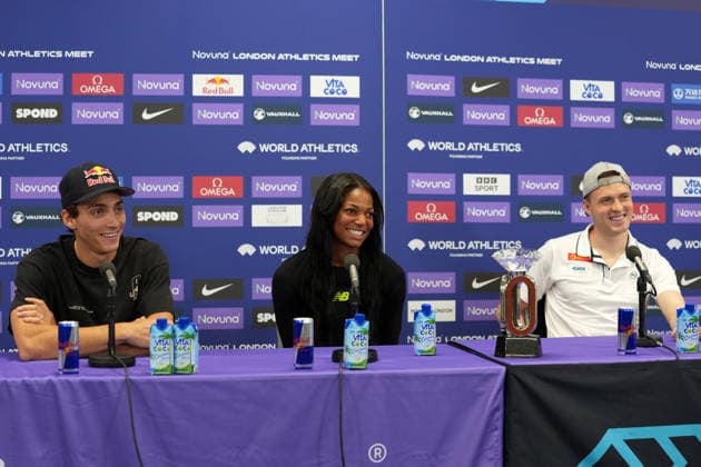 Track and Field: London Athletics Meet Keely Hodgkinson (left), Josh Kerr (center) and Amy Hunt pose during London Athletics Meet press conference, PK, Pressekonferenz at London Stadium, Friday, July 17, 2026, in London, United Kingdom. London England United Kingdom EDITORIAL USE ONLY Copyright: xImagexofxSportx ImagexofxSportx iosphotos414814