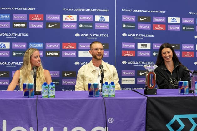 Track and Field: London Athletics Meet Keely Hodgkinson (left), Josh Kerr (center) and Amy Hunt pose during London Athletics Meet press conference, PK, Pressekonferenz at London Stadium, Friday, July 17, 2026, in London, United Kingdom. London England United Kingdom EDITORIAL USE ONLY Copyright: xImagexofxSportx ImagexofxSportx iosphotos414815