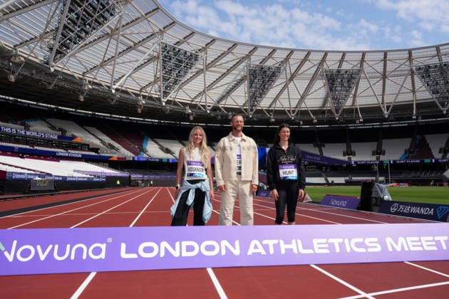 Track and Field: London Athletics Meet Keely Hodgkinson (left), Josh Kerr (center) and Amy Hunt pose during London Athletics Meet press conference, PK, Pressekonferenz at London Stadium, Friday, July 17, 2026, in London, United Kingdom. London England United Kingdom EDITORIAL USE ONLY Copyright: xImagexofxSportx ImagexofxSportx iosphotos414816