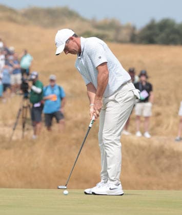 Norther Ireland s Rory Mcllroy putts on the 9th green for an eagle during the Second round at the 154th Open Championship at Royal Birkdale in Southport, on Friday, July 17, 2026.  LON2026071701 HUGOxPHILPOTT