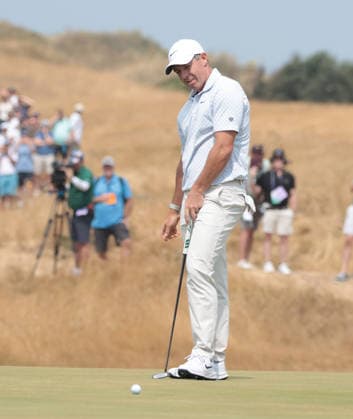 Norther Ireland s Rory Mcllroy reacts after missing his putt on the 9th green for an eagle during the Second round at the 154th Open Championship at Royal Birkdale in Southport, on Friday, July 17, 2026.  LON2026071702 HUGOxPHILPOTT