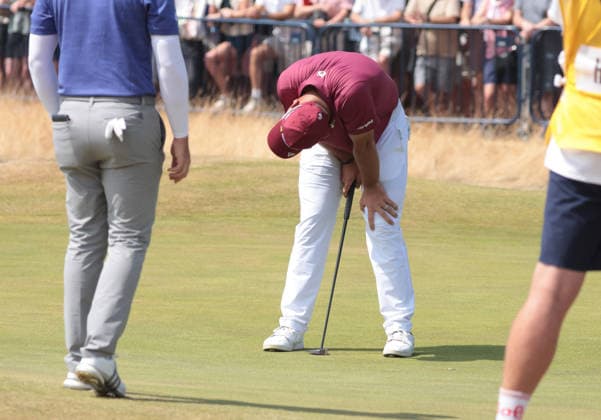 Australian Lucas Herbert reacts after missing his putt on the eighteenth green during the Second round at the 154th Open Championship at Royal Birkdale in Southport, on Friday, July 17, 2026. Herbert scored a record 62 in today s round.  LON2026071721 HUGOxPHILPOTT