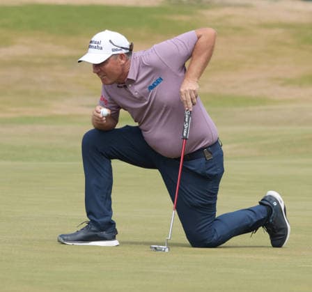 Irishman Padraig Harrington lines up his putt on the eighteenth green during the Second round at the 154th Open Championship at Royal Birkdale in Southport, on Friday, July 17, 2026.  LON2026071726 HUGOxPHILPOTT