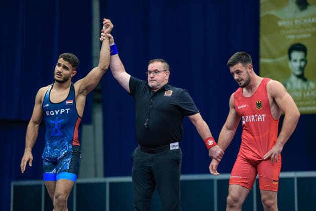 Wrestling Ranking Series Polyak & Janos & Istvan Memorial 77kg GR - Moustafa Hussein Fathy Alameldin (EGY) df. Samuel Bellscheidt (GER) *** Wrestling Ranking Series: Janos Istvan Polyak Memorial, 77 kg Greco-Roman: Moustafa Hussein Fathy Alameldin (EGY) def. Samuel Bellscheidt (GER) Copyright: xUnitedxWorldxWrestlingx xAmirrezx United World Wrestling Kadir C