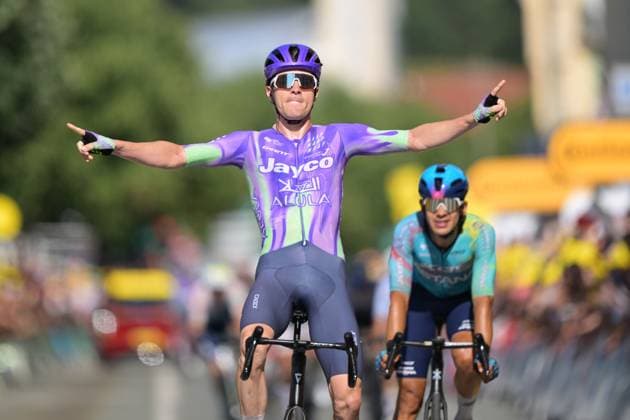 Swiss Mauro Schmid of Team Jayco AlUla celebrates after winning the stage 13 of the 2026 Tour de France cycling race, a stage of 205km from Dole to Belfort, on Friday 17 July 2026. The 113th edition of the Tour de France starts on Saturday 4 July in Barcelona, Spain, and will finish in Paris, France on the 26th of July. DAVIDxPINTENS  x181359523x