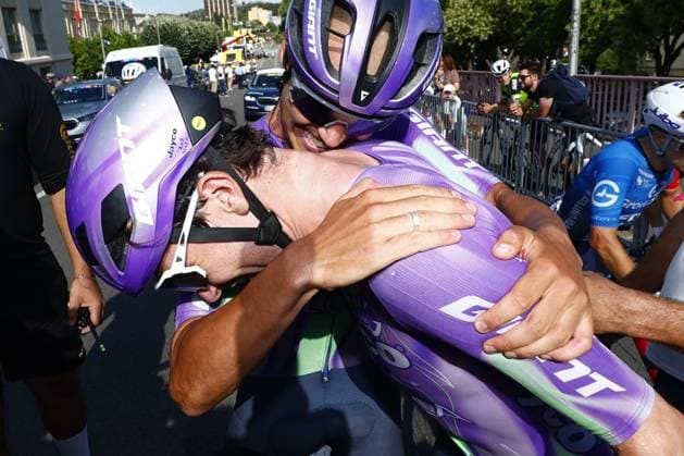 Swiss Mauro Schmid of Team Jayco AlUla and Colombian Harold Tejada of XDS Astana Team cross the finish line of stage 13 of the 2026 Tour de France cycling race, a stage of 205km from Dole to Belfort, on Friday 17 July 2026. The 113th edition of the Tour de France starts on Saturday 4 July in Barcelona, Spain, and will finish in Paris, France on the 26th of July. POOLxLUCAxBETTINI  x181359598x