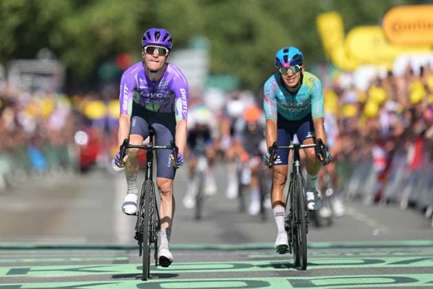Swiss Mauro Schmid of Team Jayco AlUla and Colombian Harold Tejada of XDS Astana Team cross the finish line of the stage 13 of the 2026 Tour de France cycling race, a stage of 205km from Dole to Belfort, on Friday 17 July 2026. The 113th edition of the Tour de France starts on Saturday 4 July in Barcelona, Spain, and will finish in Paris, France on the 26th of July. DAVIDxPINTENS  x181359610x