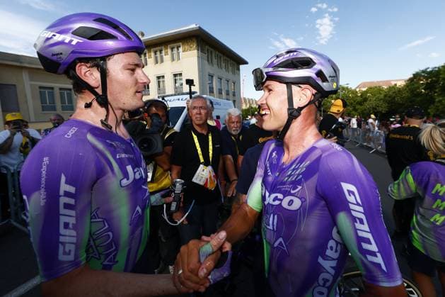 Swiss Mauro Schmid of Team Jayco AlUla celebrates with his team after winning stage 13 of the 2026 Tour de France cycling race, a stage of 205km from Dole to Belfort, on Friday 17 July 2026. The 113th edition of the Tour de France starts on Saturday 4 July in Barcelona, Spain, and will finish in Paris, France on the 26th of July. POOLxLUCAxBETTINI  x181359619x