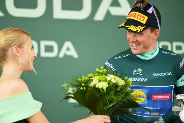 Danish Mads Pedersen of Lidl-Trek wearing the green jersey pictured on the podium after the stage 13 of the 2026 Tour de France cycling race, a stage of 205km from Dole to Belfort, on Friday 17 July 2026. The 113th edition of the Tour de France starts on Saturday 4 July in Barcelona, Spain, and will finish in Paris, France on the 26th of July. DAVIDxPINTENS  x181360287x