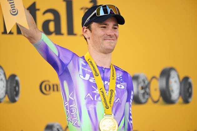 Swiss Mauro Schmid of Team Jayco AlUla celebrates on the podium after winning the stage 13 of the 2026 Tour de France cycling race, a stage of 205km from Dole to Belfort, on Friday 17 July 2026. The 113th edition of the Tour de France starts on Saturday 4 July in Barcelona, Spain, and will finish in Paris, France on the 26th of July. DAVIDxPINTENS  x181360303x
