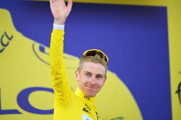 Slovenian Tadej Pogacar of UAE Team Emirates XRG celebrates in the yellow jersey of leader in the overall ranking after the stage 13 of the 2026 Tour de France cycling race, a stage of 205km from Dole to Belfort, on Friday 17 July 2026. The 113th edition of the Tour de France starts on Saturday 4 July in Barcelona, Spain, and will finish in Paris, France on the 26th of July. DAVIDxPINTENS  x181360323x