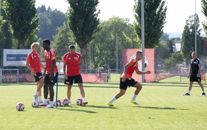 Fußball, Herren, Saison 2026 2027, Testspiel, FC Winterthur - 1. FC Union Berlin, die Hälfte der Mannschaft trainierte in Winterthur vor dem Spiel, aber sie spielte nicht, v. l. Leopold Querfeld (1. FC Union Berlin), Oluwaseun Ogbemudia (1. FC Union Berlin), Christopher Trimmel (1. FC Union), Marin Ljubicic (1. FC Union Berlin), Trainer Mauro Lustrinelli (1. FC Union Berlin), 17.07. 2026, *** Soccer, Men s, 2026–2027 Season, Friendly Match, FC Winterthur vs. 1. FC Union Berlin; half the team trained in Winterthur before the game, but they did not play. From left: Leopold Querfeld (1. FC Union Berlin), Oluwaseun Ogbemudia (1. FC Union Berlin), Christopher Trimmel of 1. FC Union, Marin Ljubicic of 1. FC Union Berlin, Coach Mauro Lustrinelli of 1. FC Union Berlin, July 17, 2026, Copyright: xMatthiasxKochx