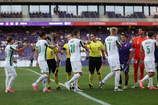 17.July.2026 – SOCCER – FRIENDLY TEST GAME(MEN) - FK Austria Wien (Austria) vs Paksi FC (Hungary) two teams together pre-match ceremony greeting fans VIENNA VIENNA, AUSTRIA – Generali Arena FK Austria Wien Generali Arena AUSTRIA