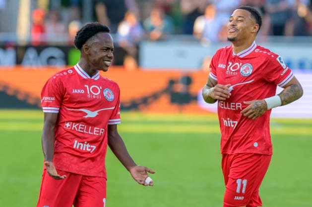 im Bild v.l.: Yannis Odin ( 19 - FC Winterthur), Tor, Treffer, Jubel, Torjubel, Freude, Begeisterung, feiert, nach 1:0, CH, Winterthur, Fussball, Testspiel, FC Winterthur vs 1. FC Union Berlin, 17.07.2026, DFB DFL REGULATIONS PROHIBIT ANY USE OF PHOTOGRAPHS AS IMAGE SEQUENCES AND OR QUASI-VIDEO, *** In the photo, from left: Yannis Odin, 19, FC Winterthur; goal; goal celebration; joy; enthusiasm; celebrating; after 1–0; CH; Winterthur; soccer; friendly match; FC Winterthur vs. 1. FC Union Berlin; July 17, 2026; DFB and DFL regulations prohibit any use of photographs as image sequences and or quasi-video, Copyright: HMBxMedia UwexKoch