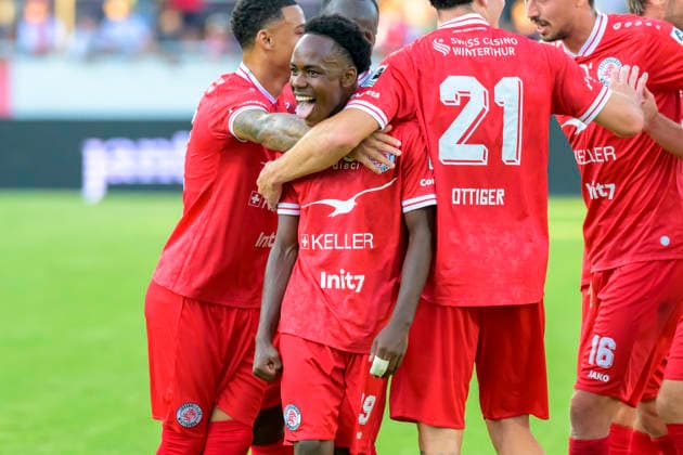 im Bild v.l.: Yannis Odin ( 19 - FC Winterthur), Tor, Treffer, Jubel, Torjubel, Freude, Begeisterung, feiert, nach 1:0, CH, Winterthur, Fussball, Testspiel, FC Winterthur vs 1. FC Union Berlin, 17.07.2026, DFB DFL REGULATIONS PROHIBIT ANY USE OF PHOTOGRAPHS AS IMAGE SEQUENCES AND OR QUASI-VIDEO, *** In the photo, from left: Yannis Odin, 19, FC Winterthur; goal; goal celebration; joy; enthusiasm; celebrating; after 1–0; CH; Winterthur; soccer; friendly match; FC Winterthur vs. 1. FC Union Berlin; July 17, 2026; DFB and DFL regulations prohibit any use of photographs as image sequences and or quasi-video, Copyright: HMBxMedia UwexKoch