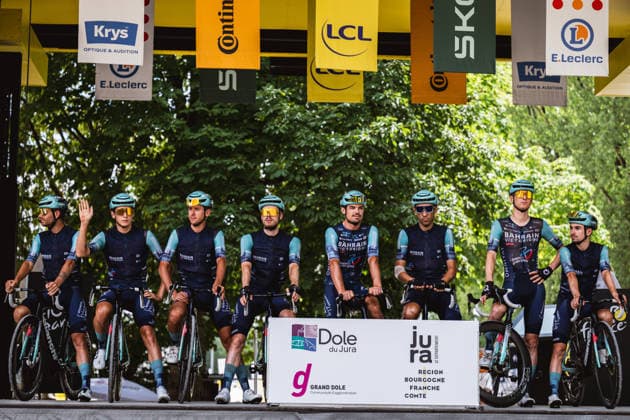 113th Tour de France 2026 - Stage 13 Vlad Van Mechelen, Antonio Tiberi, Robert Stannard, Matej Mohoric, Kamil Gradek, Damiano Caruso, Phil Bauhaus, and Lenny Martinez of Bahrain Victorious pose during the teams presentation of Stage 13 of the Tour de France in Dole, France, on July 17, 2026. Dole France  Copyright: xGautierxDemouveauxx originalFilename:demouveaux-notitle260717_nprZI.jpg